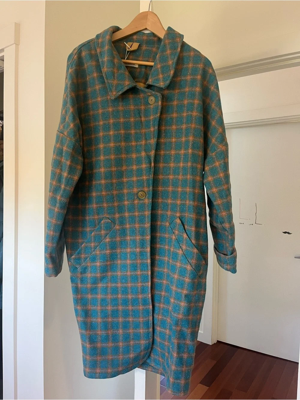 Entropie Teal and Tan Plaid Wool-Blend Trench Coat - Picture 2 of 5